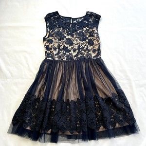 NWT Soieblu Dress Large Cap Sleeve Lace Navy Blue Tan Floral Sweetheart Formal